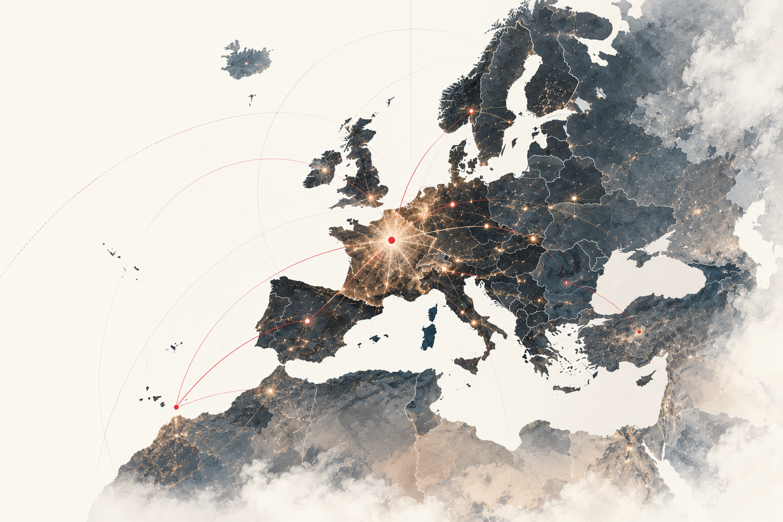 A map of Europe with France as the central hub
